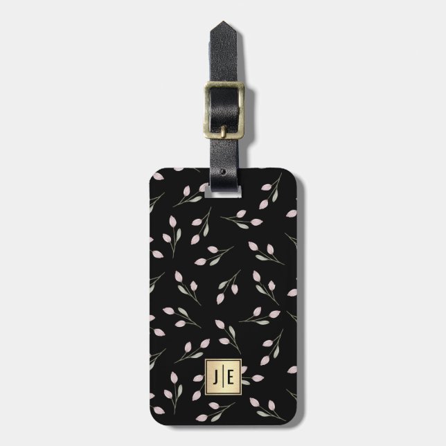 Elegant Blommigt Black och Guld Shiny Monogram Bagagebricka (Vertikal Framsida)