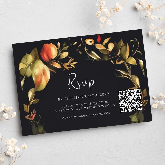 Elegant Blommigt Black QR-kod Bröllop OSA Kort (Elegant Floral Black QR Code Wedding RSVP Card)
