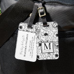 Elegant Blommigt Black White Namn Monogram Bagagebricka<br><div class="desc">Uppgradera stil med den här chicen bagagetaggen med en modern svartvit blommigt och botaniskt mönster. På framsidan visas ett fet serif-inledande monogram parat med ditt första namn i elegant-skripttypografi, vilket skapar ett sofistikerat utseende. På baksidan ger en antydan till blommönstret överst en liten fläck, medan kontaktinformationen visas tydligt nedan. Perfekt...</div>