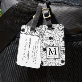 Elegant Blommigt Black White Namn Monogram Bagagebricka