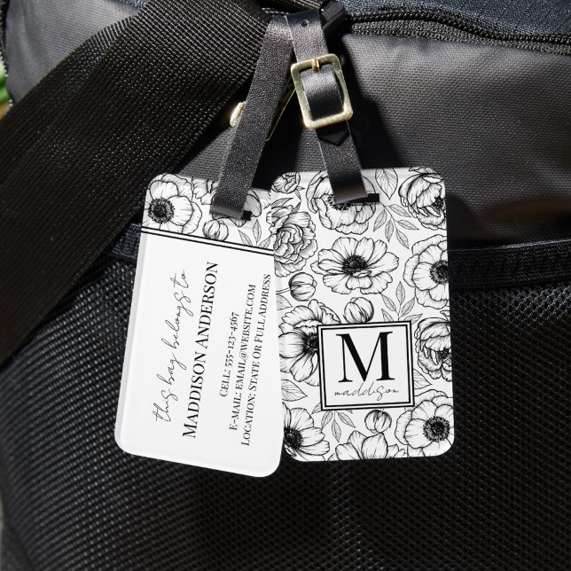 Elegant Blommigt Black White Namn Monogram Bagagebricka (Elegant Black White Name Monogram Luggage Tag)