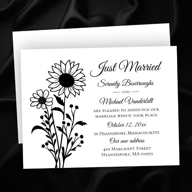 Elegant Blommigt Black White Ny gifta Bröllop Meddelande (Skapare uppladdad)