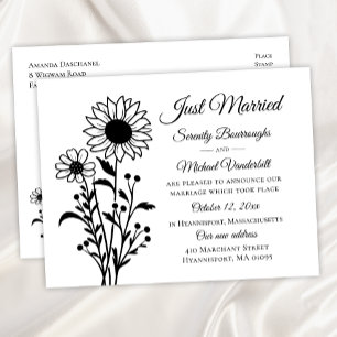 Elegant Blommigt Black White Ny gifta Bröllop Meddelande Vykort