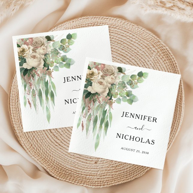 Elegant Blommigt Black & White Peonies Bröllop Pappersservett (Elegant Floral Black & White Peonies Wedding Napkins)