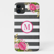Elegant Blommigt Black White Rand Monogram