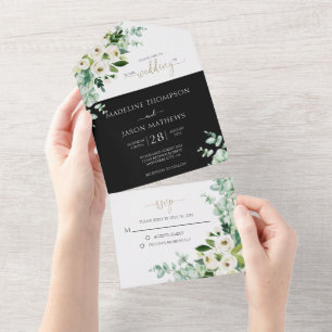 Elegant Blommigt Black White Ro Watercolor Bröllop