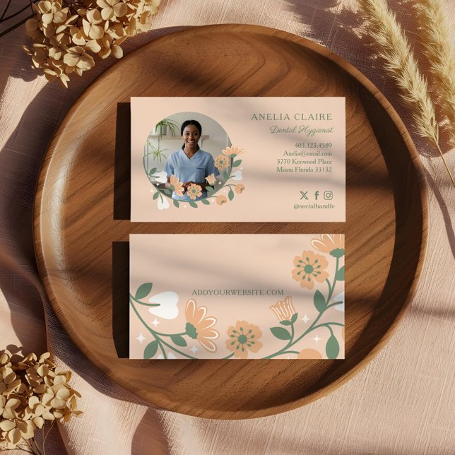 Elegant Blommigt Blåstömning Dental Hygienist Foto Visitkort (Elegant Floral Blooming Dental Hygienist Photo Business Card)