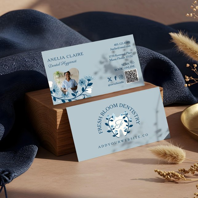 Elegant Blommigt Blooming Dental Tooth Logotyp Mon Visitkort (Elegant Floral Blooming Dental Tooth Logo Monogram Business Card)