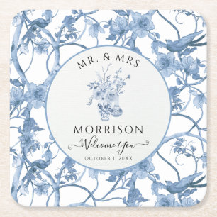 Elegant Blommigt Blue and White Wedding Reception Underlägg Papper Kvadrat