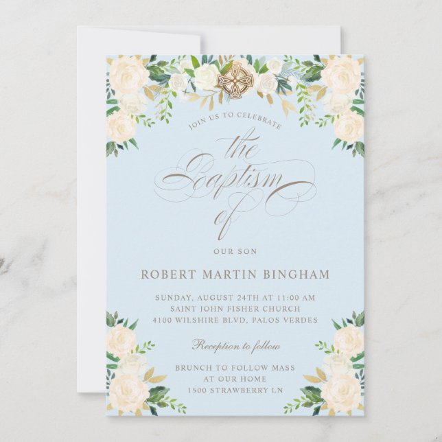 Elegant Blommigt Blue Beige Calligraphy Baptism Inbjudningar (Framsida)
