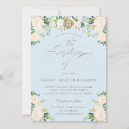 Elegant Blommigt Blue Beige Calligraphy Baptism Inbjudningar