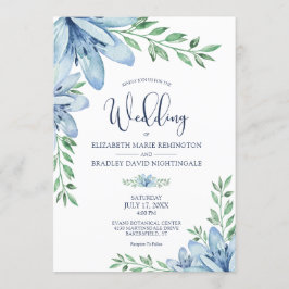 Elegant Blommigt Blue Blooms Greenery Bröllop Inbjudningar