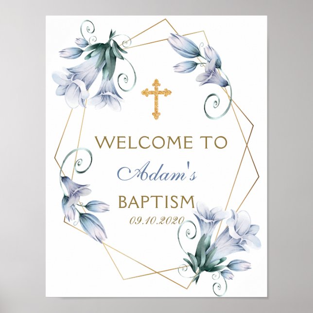 Elegant Blommigt Blue Boy Baptism Välkommen Poster (Framsidan)