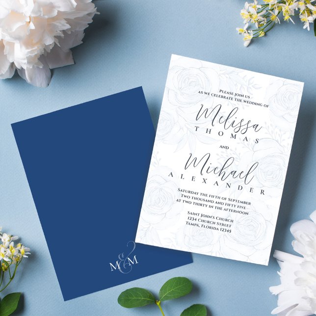 Elegant Blommigt Blue Calligraphy-skript Ro Inbjudningar (Elegant wedding invitation with blue calligraphy script and block lettering. )