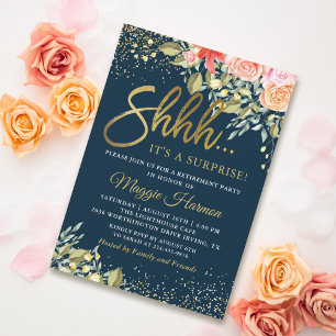 Elegant Blommigt Blue Guld Surprise Pension Party Inbjudningar