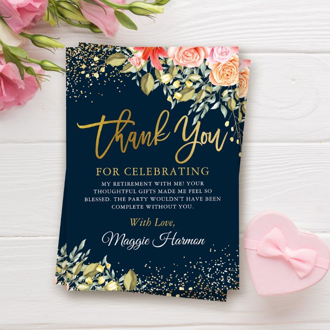 Elegant Blommigt Blue Guld Surprise Pension Party Tack Kort (Skapare uppladdad)