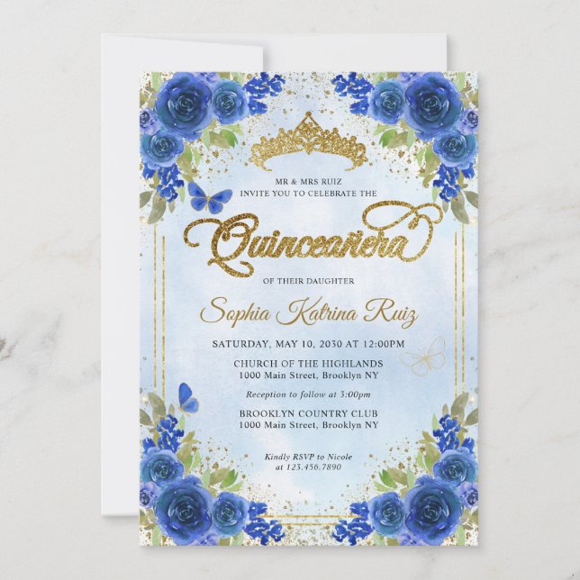 Elegant Blommigt Blue Guld Tiara Quinceañera Inbjudningar (Framsida)