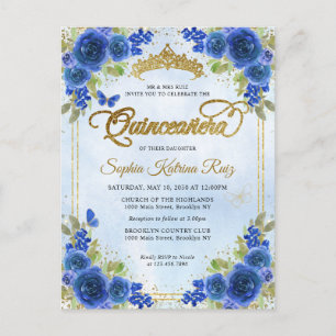 Elegant Blommigt Blue Guld Tiara Quinceañera Vykort