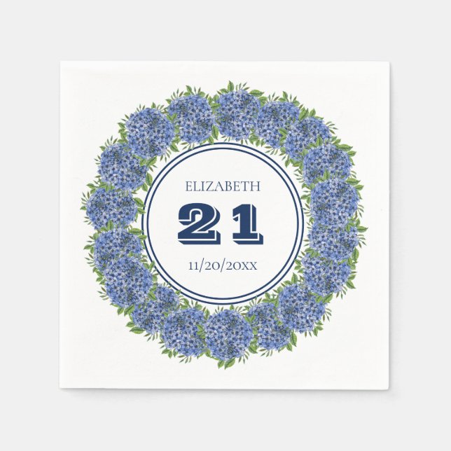 Elegant Blommigt Blue Hydrangea 21:a födelsedag Pa Pappersservett (Framsidan)