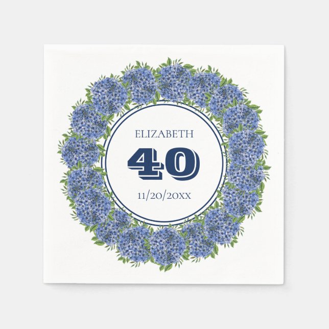 Elegant Blommigt Blue Hydrangea 40th Birthday Part Pappersservett (Framsidan)
