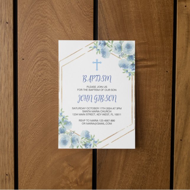 Elegant Blommigt Blue Kor Baptism Boy-inbjudan Inbjudningar (baptism blue cross boy invitation card)
