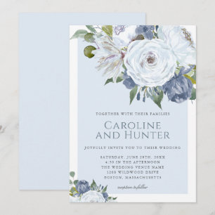 Elegant Blommigt Blue och White Watercolor Bröllop Inbjudningar