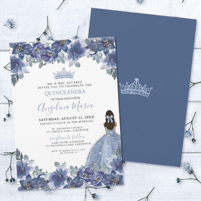 Elegant Blommigt Blue Quinceanera-inbjudan Inbjudningar (Elegant Floral Blue Quinceanera Invitation)