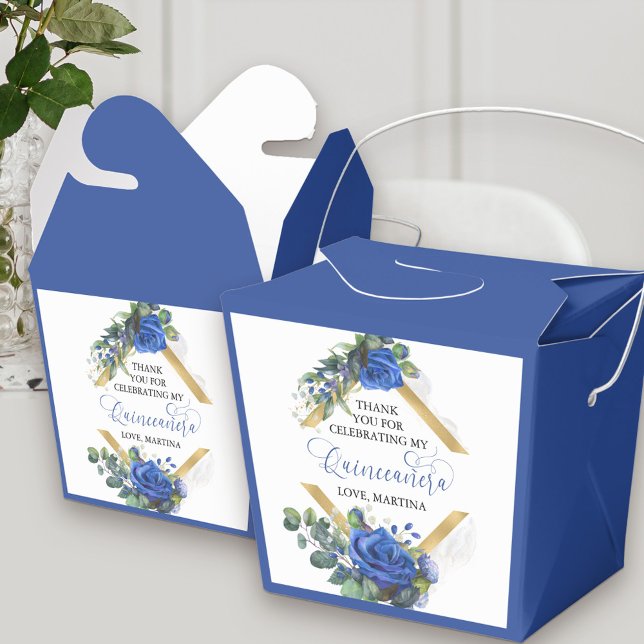Elegant Blommigt Blue Ro Eucalyptus Quinceanera Presentaskar (Elegant Quinceanera favor boxes with thank you message with floral and royal blue theme)