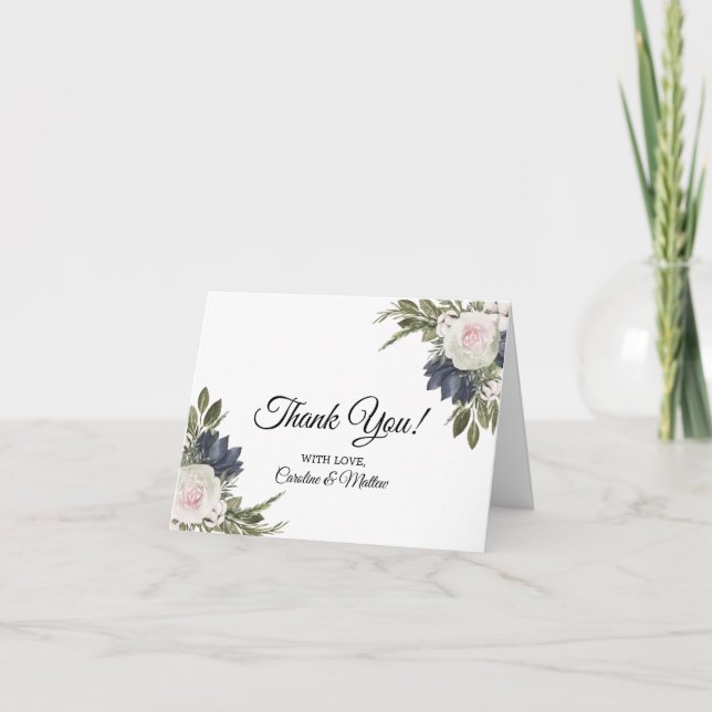 Elegant Blommigt Blue, Rosa Bröllop tackkort (Framsida)