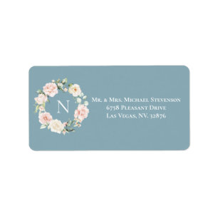 Elegant Blommigt Blue Rosa Monogram Bröllop Adressetikett