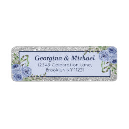 Elegant Blommigt Blue Silver Glitter Gnistra Retur Returadress Etikett