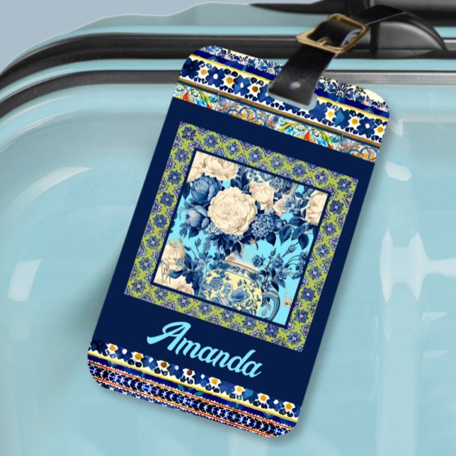 Elegant blommigt Blue tile chinoiserie monogram Bagagebricka (Skapare uppladdad)