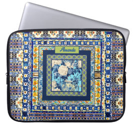 Elegant blommigt Blue tile chinoiserie monogram no Laptop Fodral