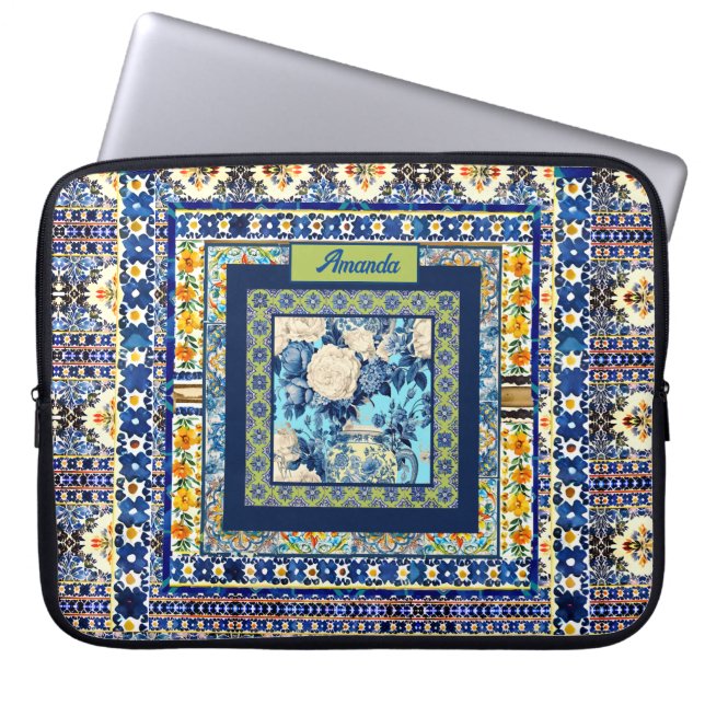 Elegant blommigt Blue tile chinoiserie monogram no Laptop Fodral (Framsidan)