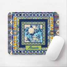 Elegant blommigt Blue tile chinoiserie monogram no