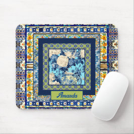Elegant blommigt Blue tile chinoiserie monogram no Musmatta