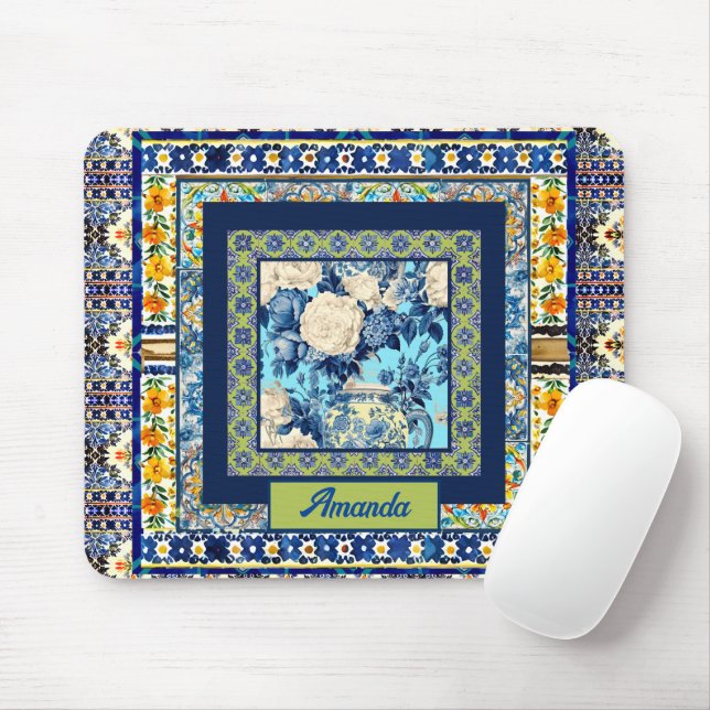 Elegant blommigt Blue tile chinoiserie monogram no Musmatta (Med mus)