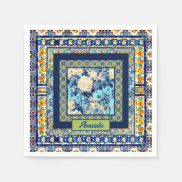 Elegant blommigt Blue tile chinoiserie monogram no Pappersservett