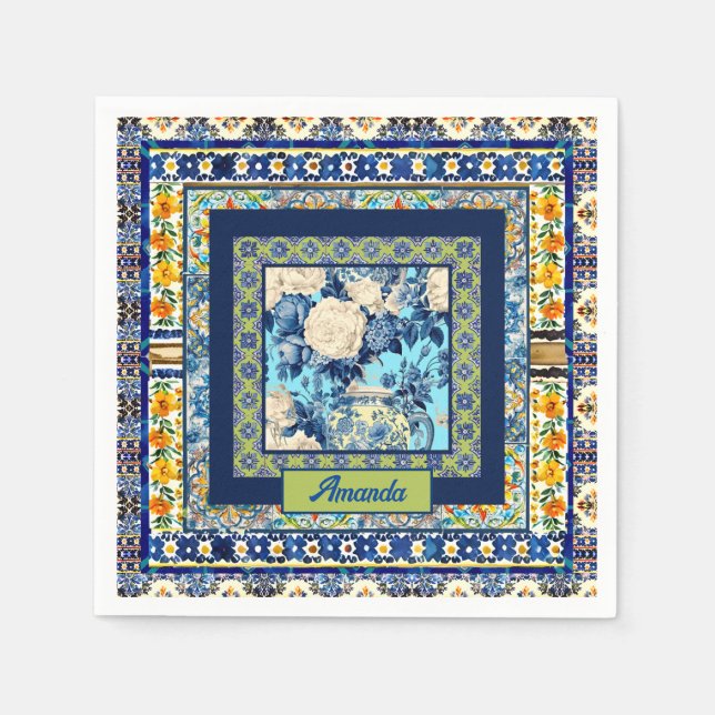 Elegant blommigt Blue tile chinoiserie monogram no Pappersservett (Framsidan)