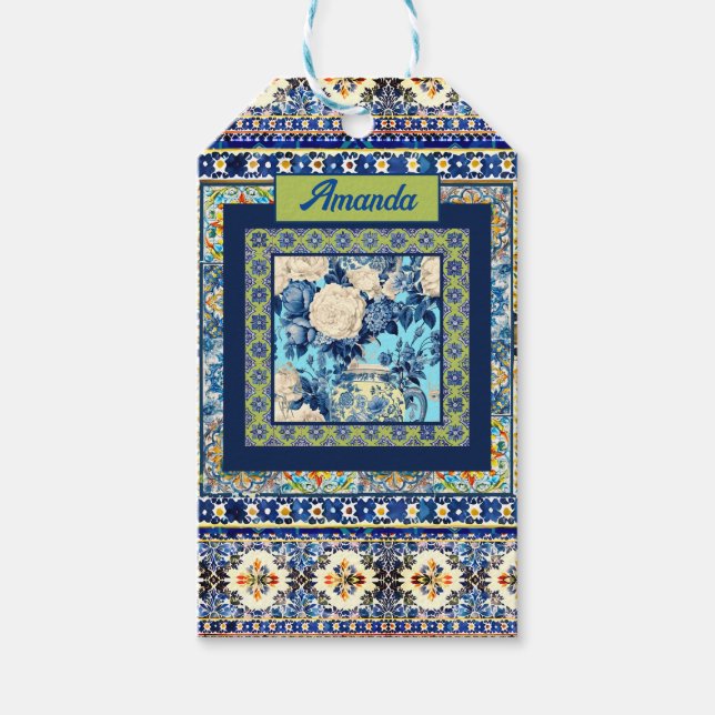 Elegant blommigt Blue tile chinoiserie monogram no Presentetikett (Framsidan)