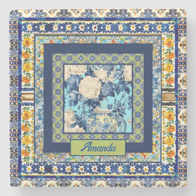 Elegant blommigt Blue tile chinoiserie monogram no Stenunderlägg (Framsidan)