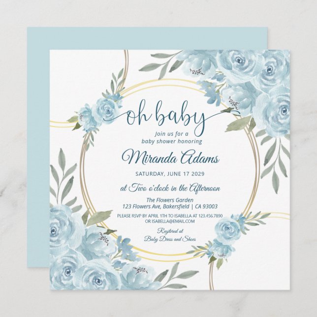 Elegant Blommigt Blue Watercolor Boy Shower Inbjudningar (Fram/baksida)