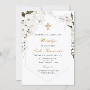 Elegant blommigt boho Baptism Spansk inbjudan