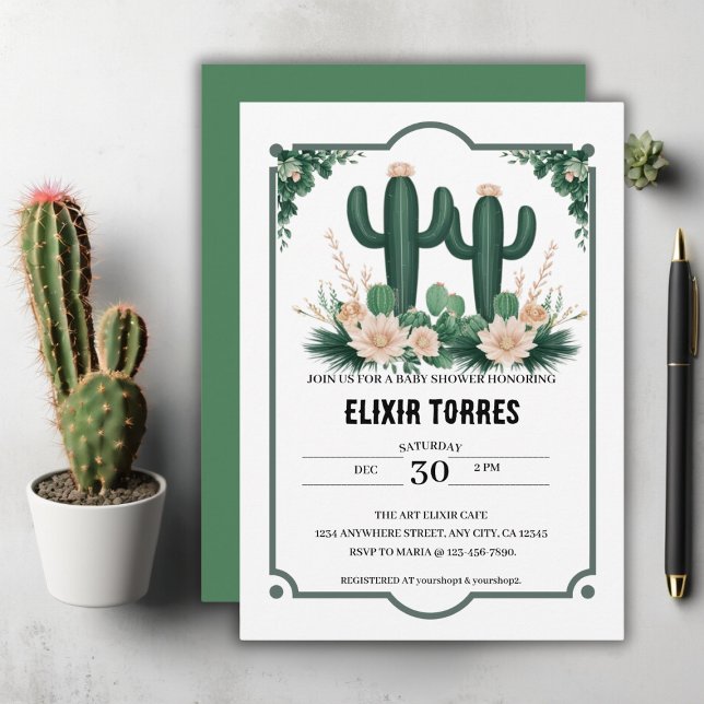 Elegant Blommigt Boho Modern Cactus Baby Shower Inbjudningar (Skapare uppladdad)