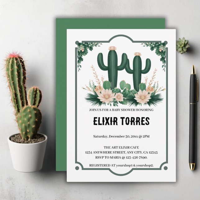 Elegant Blommigt Boho Modern Cactus Baby Shower Inbjudningar (Skapare uppladdad)