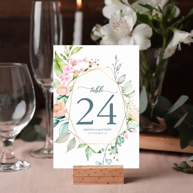 Elegant Blommigt Boho Watercolor Geometric Bröllop Bordsnummer (Spring floral watercolor table number for your reception decor features geometric frame.)
