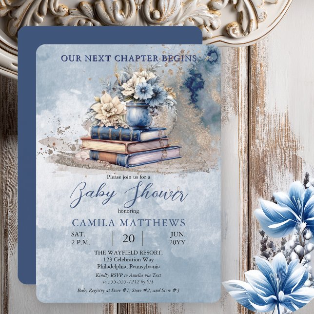 Elegant Blommigt Bokar Vår nästa kapitel-babyvy Inbjudningar (Rustic Vintage Look Elegance "Our Next Chapter Begins" Old Books and Florals Blue Baby Shower Invite)