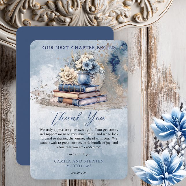 Elegant Blommigt Bokar Vår nästa kapitel-babyvy Tack Kort (Rustic Vintage Look Elegance "Our Next Chapter Begins . . ."Old Books and Flowers Baby Shower Invite)