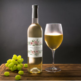 Elegant Blommigt Botaniskt Rosa ros Rustic Bröllop Vinflaska Etikett