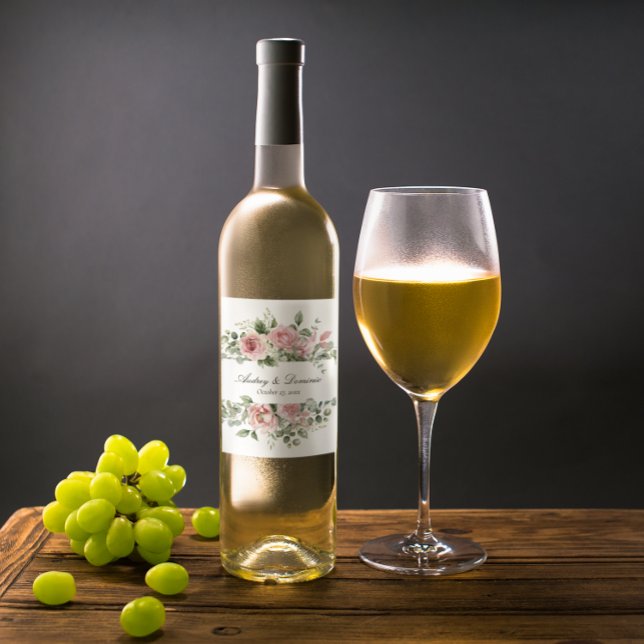 Elegant Blommigt Botaniskt Rosa ros Rustic Bröllop Vinflaska Etikett (floral wedding wine label with pink roses and greenery for botanical and garden themed weddings)